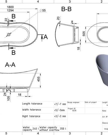 Cadă din compozit albă mată Florida