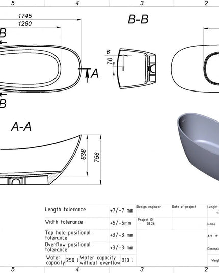 Cadă din compozit albă mată Marina
