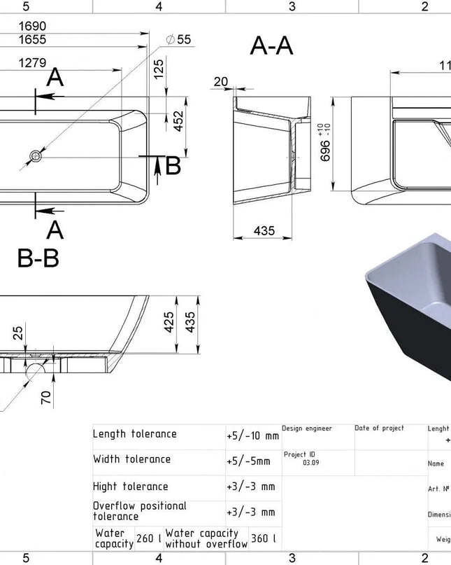 Cadă din compozit neagră mată Island