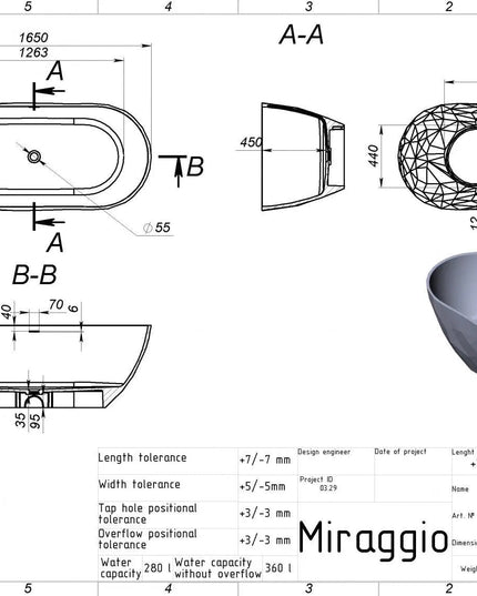 Cadă din compozit neagră mată Sapfire