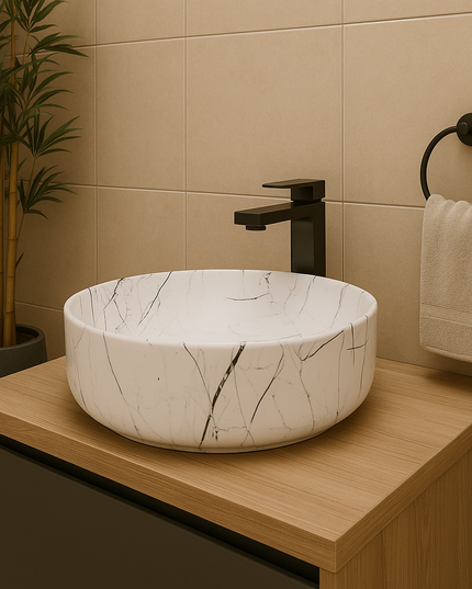 Lavoar Ceramic Rotund Alb cu Model Marmură Neagră a712-p429m