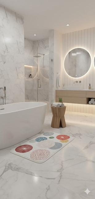 Covoras baie, SANITARY, imitatie casmir, 40x60 cm, alb cu cercuri decorative, Dreptunghiular