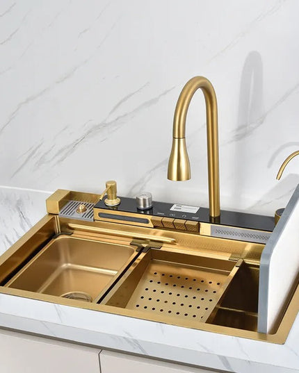 Chiuvetă multifuncțională cu accesorii, HMDF-G 7546 cu baterie digitală, Golden Tap hole