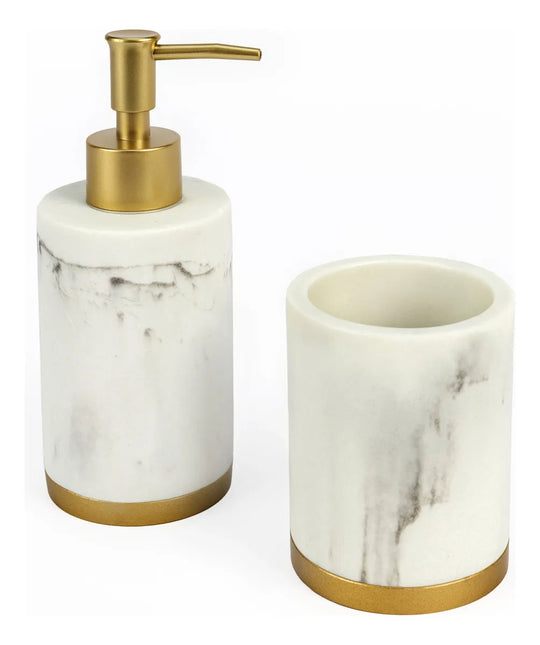 Set 2 piese accesorii de baie marmorat alb auriu
