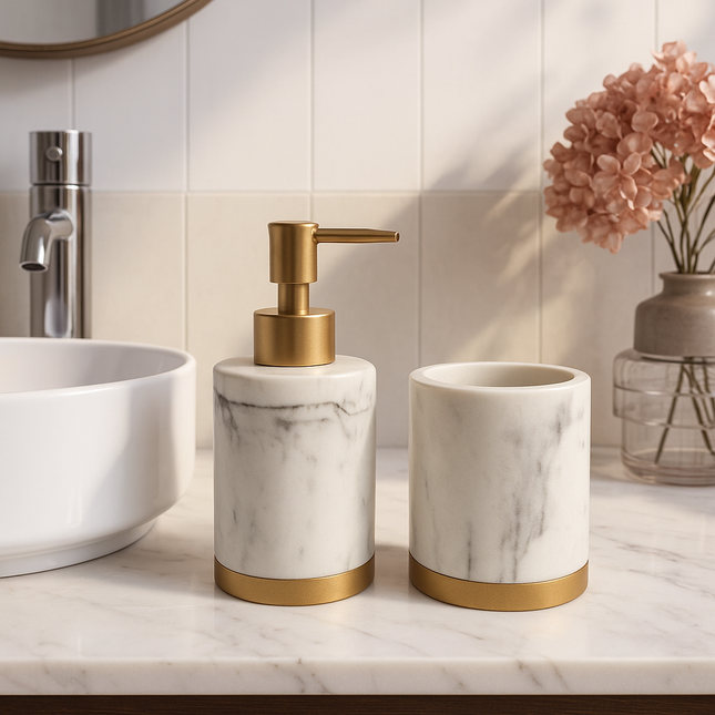 Set 2 piese accesorii de baie marmorat alb auriu
