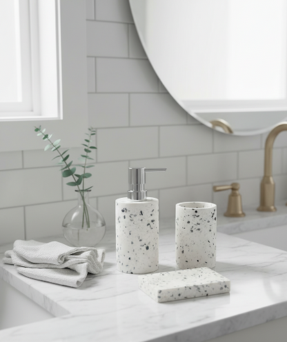 Set 3 piese accesorii de baie terrazzo alb cu gri