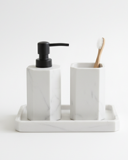 Set 3 piese accesorii de baie alb marmurat