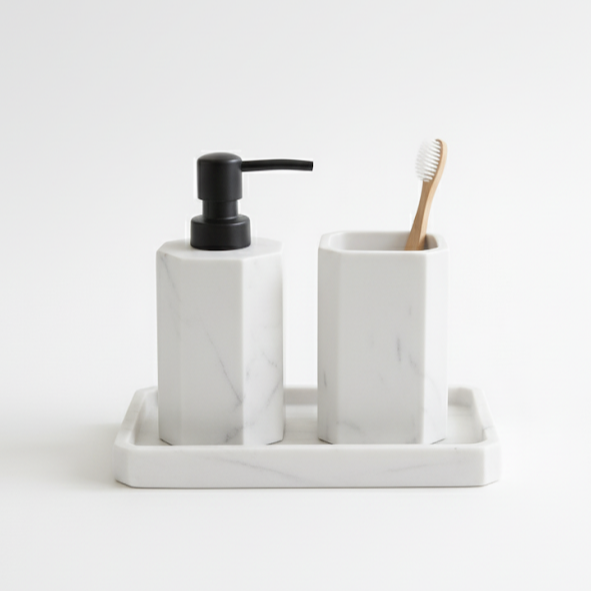 Set 3 piese accesorii de baie alb marmurat