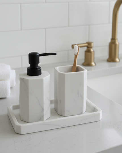 Set 3 piese accesorii de baie alb marmurat