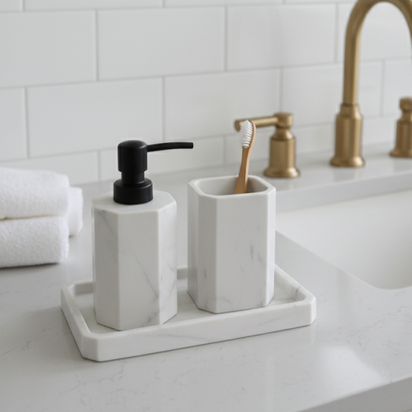 Set 3 piese accesorii de baie alb marmurat