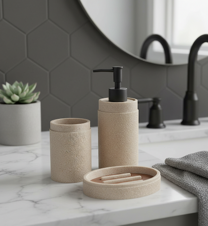 Set 3 piese accesorii de baie bej texturat