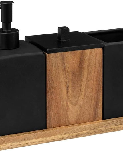 Set accesorii baie negru ceramică și lemn