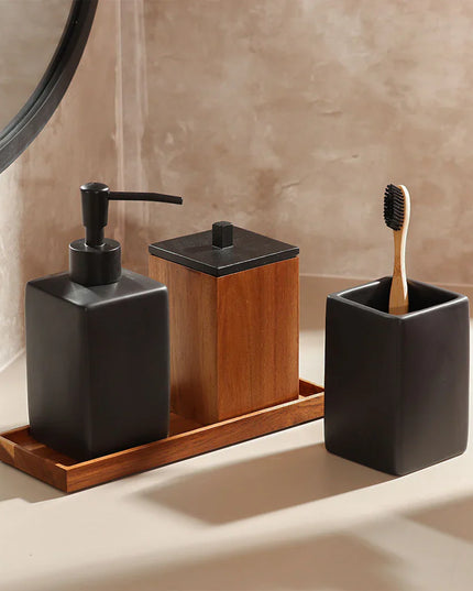 Set accesorii baie negru ceramică și lemn