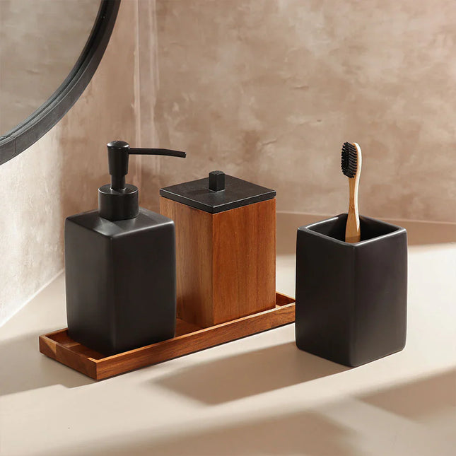 Set accesorii baie negru ceramică și lemn