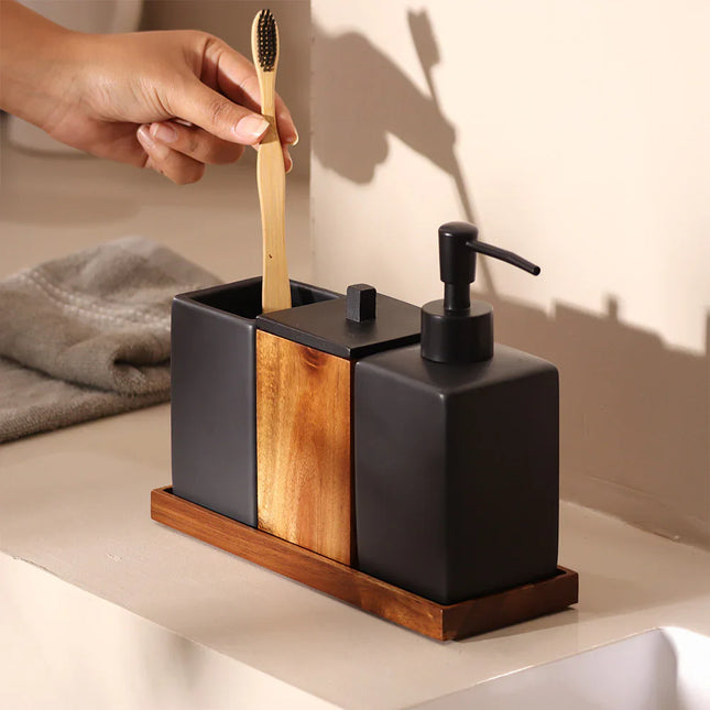 Set accesorii baie negru ceramică și lemn