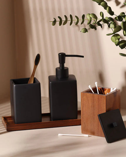 Set accesorii baie negru ceramică și lemn