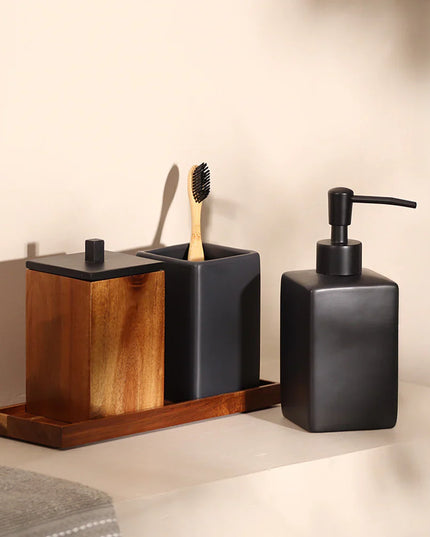 Set accesorii baie negru ceramică și lemn