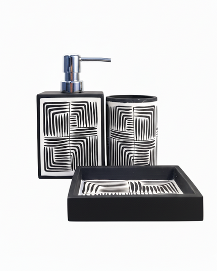 Set 3 piese accesorii de baie alb-negru geometric