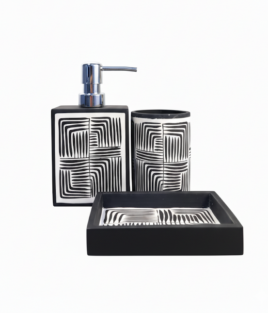 Set 3 piese accesorii de baie alb-negru geometric