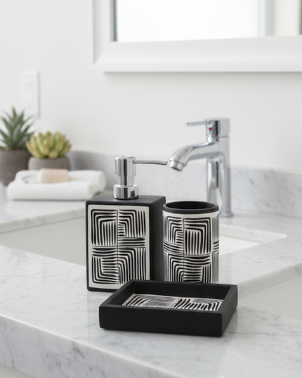 Set 3 piese accesorii de baie alb-negru geometric
