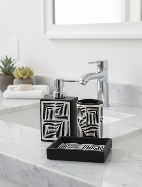 Set 3 piese accesorii de baie alb-negru geometric