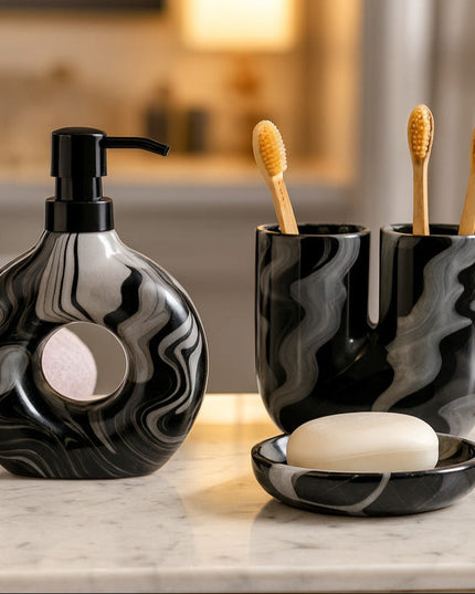 Set 3 piese accesorii de baie gri marmorat