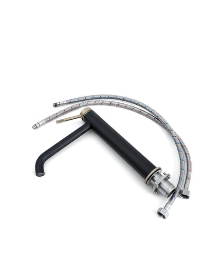 Baterie lavoar negru mat si auriu periat cu mâner zimțat