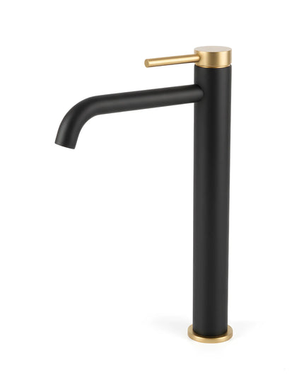 Baterie lavoar negru mat si auriu periat cu mâner zimțat