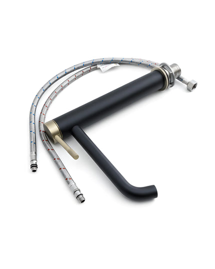 Baterie lavoar negru mat si auriu periat cu mâner zimțat