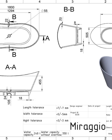 Cadă din compozit, lucioasă Florida