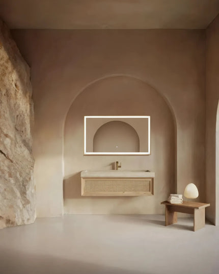 Set Mobilier Baie din Lemn Natur cu Oglindă LED – Design Modern & Premium