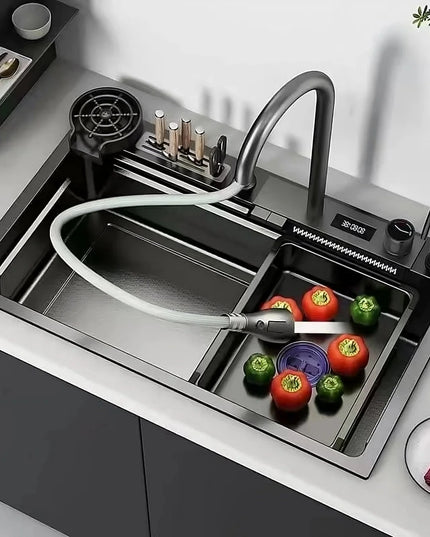 Chiuvetă Bucătărie Multifuncțională 7546HMSF – Gri Gun Metal, Cu Tocător, Dozator și Afișaj Digital