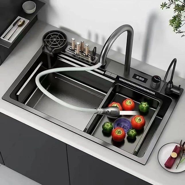 Chiuvetă Bucătărie Multifuncțională 7546HMSF – Gri Gun Metal, Cu Tocător, Dozator și Afișaj Digital