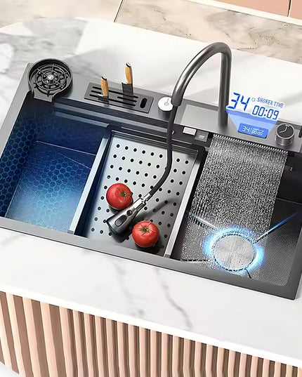 Chiuvetă Bucătărie Multifuncțională 7546HMSF – Gri Gun Metal, Cu Tocător, Dozator și Afișaj Digital