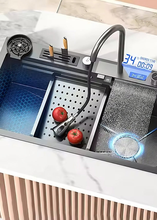 Chiuvetă Bucătărie Multifuncțională 7546HMSF – Gri Gun Metal, Cu Tocător, Dozator și Afișaj Digital