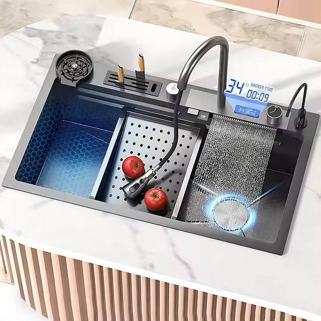 Chiuvetă Bucătărie Multifuncțională 7546HMSF – Gri Gun Metal, Cu Tocător, Dozator și Afișaj Digital