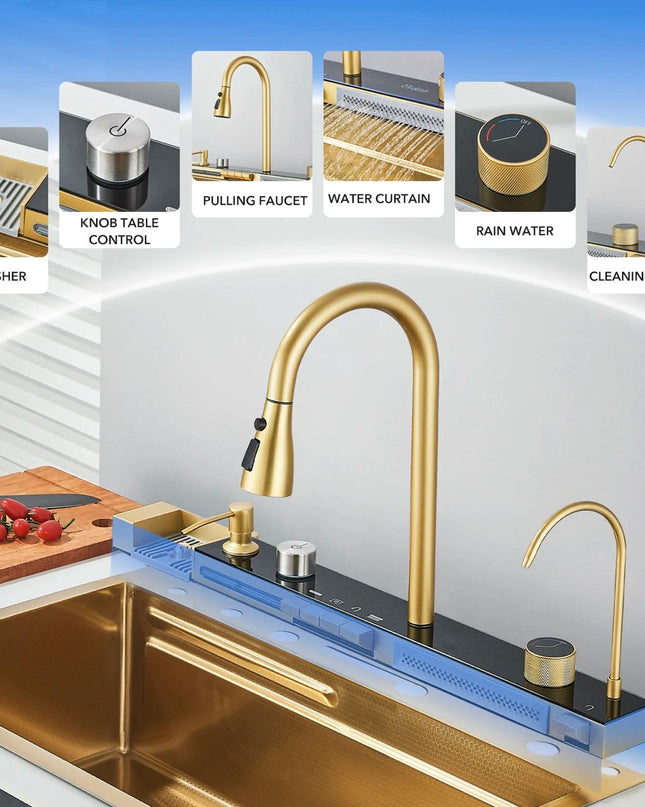 Chiuvetă multifuncțională cu accesorii, HMDF-G 7546 cu baterie digitală, Golden Tap hole