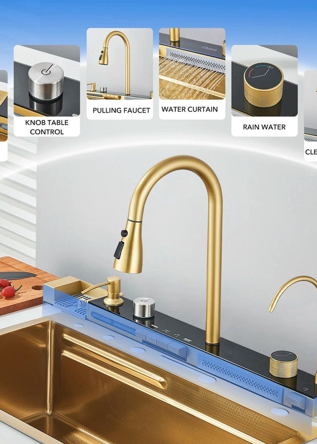 Chiuvetă multifuncțională cu accesorii, HMDF-G 7546 cu baterie digitală, Golden Tap hole