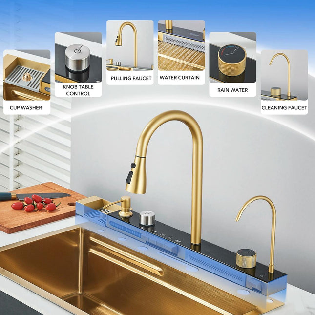 Chiuvetă multifuncțională cu accesorii, HMDF-G 7546 cu baterie digitală, Golden Tap hole