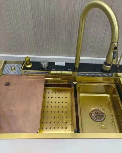 Chiuvetă multifuncțională cu accesorii, HMDF-G 7546 cu baterie digitală, Golden Tap hole