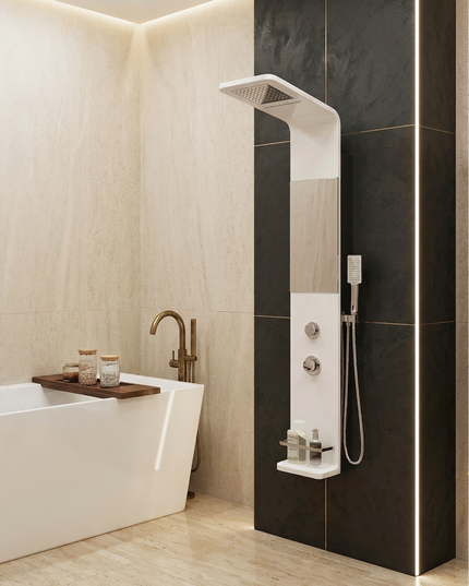 Panel de Duș Modern Alb Lucios – Design Minimalist cu Duș Fix și Accesorii Incluse