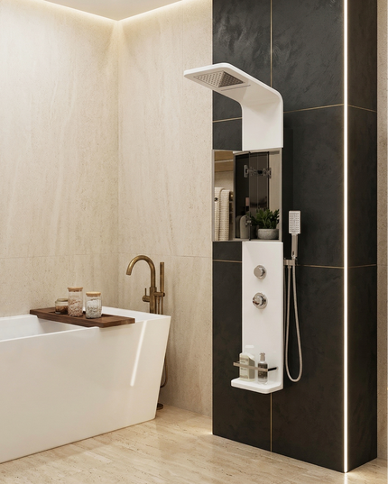 Panel de Duș Modern Alb Lucios – Design Minimalist cu Duș Fix și Accesorii Incluse