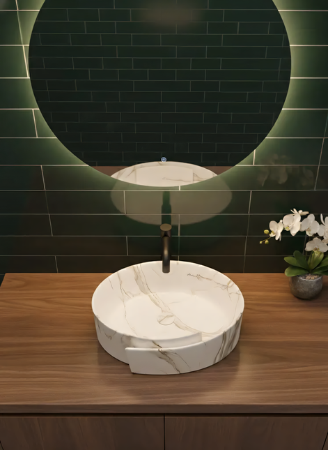 Lavoar rotund ceramic A494-P310-M – alb marmorat cu accente aurii