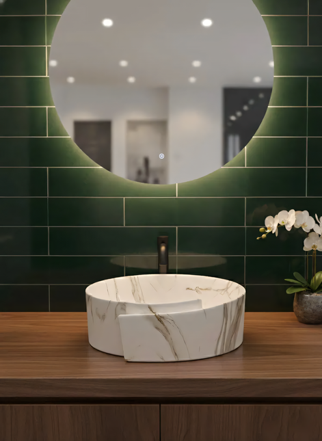 Lavoar rotund ceramic A494-P310-M – alb marmorat cu accente aurii