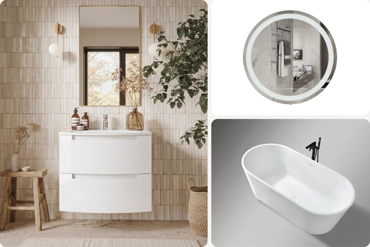 Baie-spa: mobilier Headway alb, oglindă rotundă Omega D-80 și cadă freestanding Luma