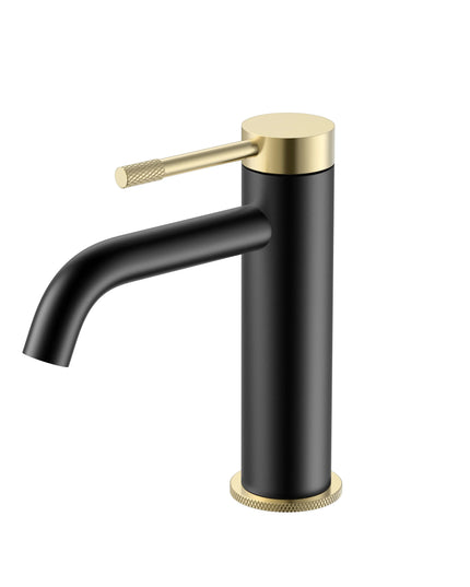 Baterie lavoar cu mâner și bază zimțate – negru mat si auriu periat