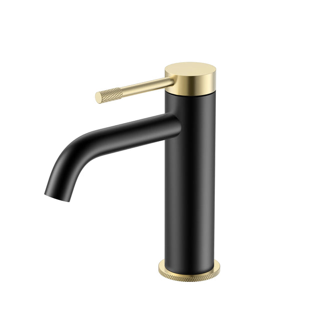 Baterie lavoar cu mâner și bază zimțate – negru mat si auriu periat