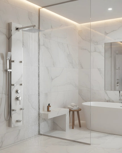 Panel de Duș Marble White – Design Premium cu Jeturi Multiple de Hidromasaj și Duș Fix