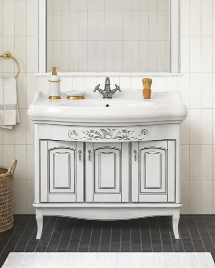 Set mobilier de baie pe pardoseală + oglindă Mikella, Alb+Crom