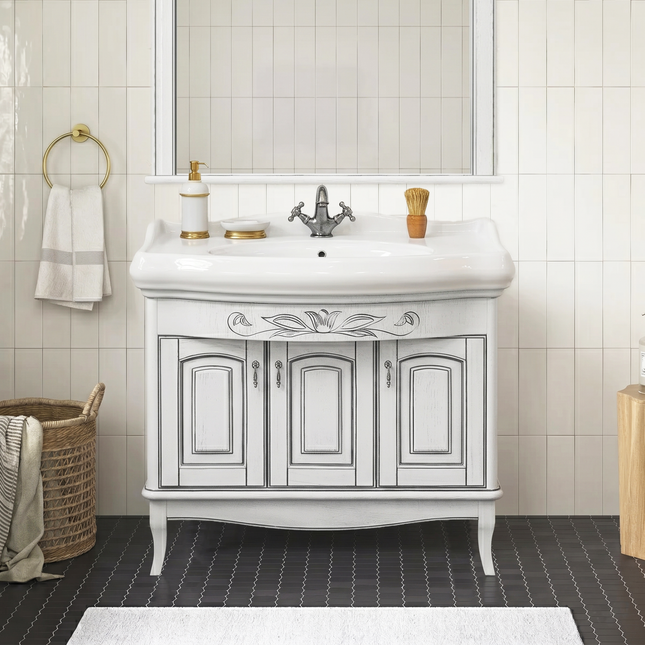 Set mobilier de baie pe pardoseală + oglindă Mikella, Alb+Crom